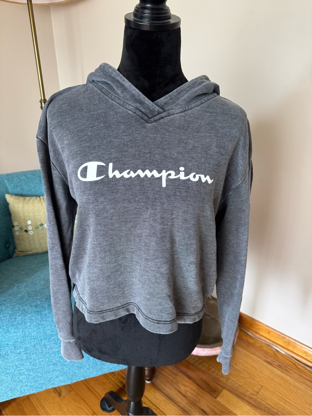 Champion Dark Gray Pullover Hoodie with White Script Logo
